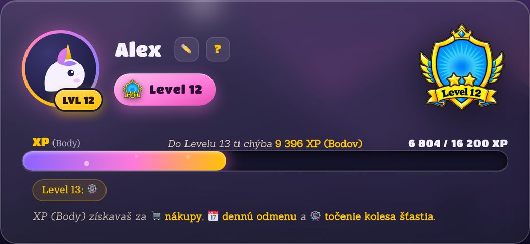 Profil v Poník klube: level, odznak hodnosti a XP